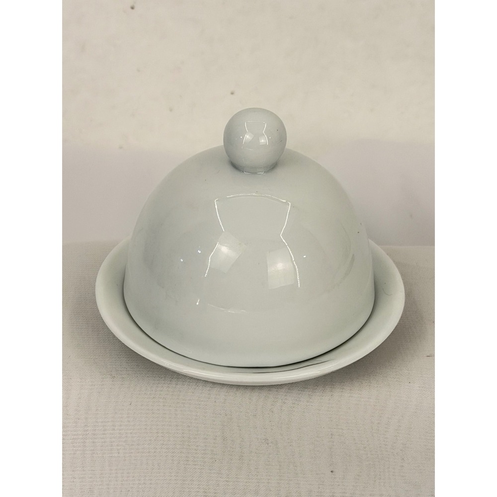 White Ceramic Individual Butter Dish with Domed Lid Cloche 3 Piece Set